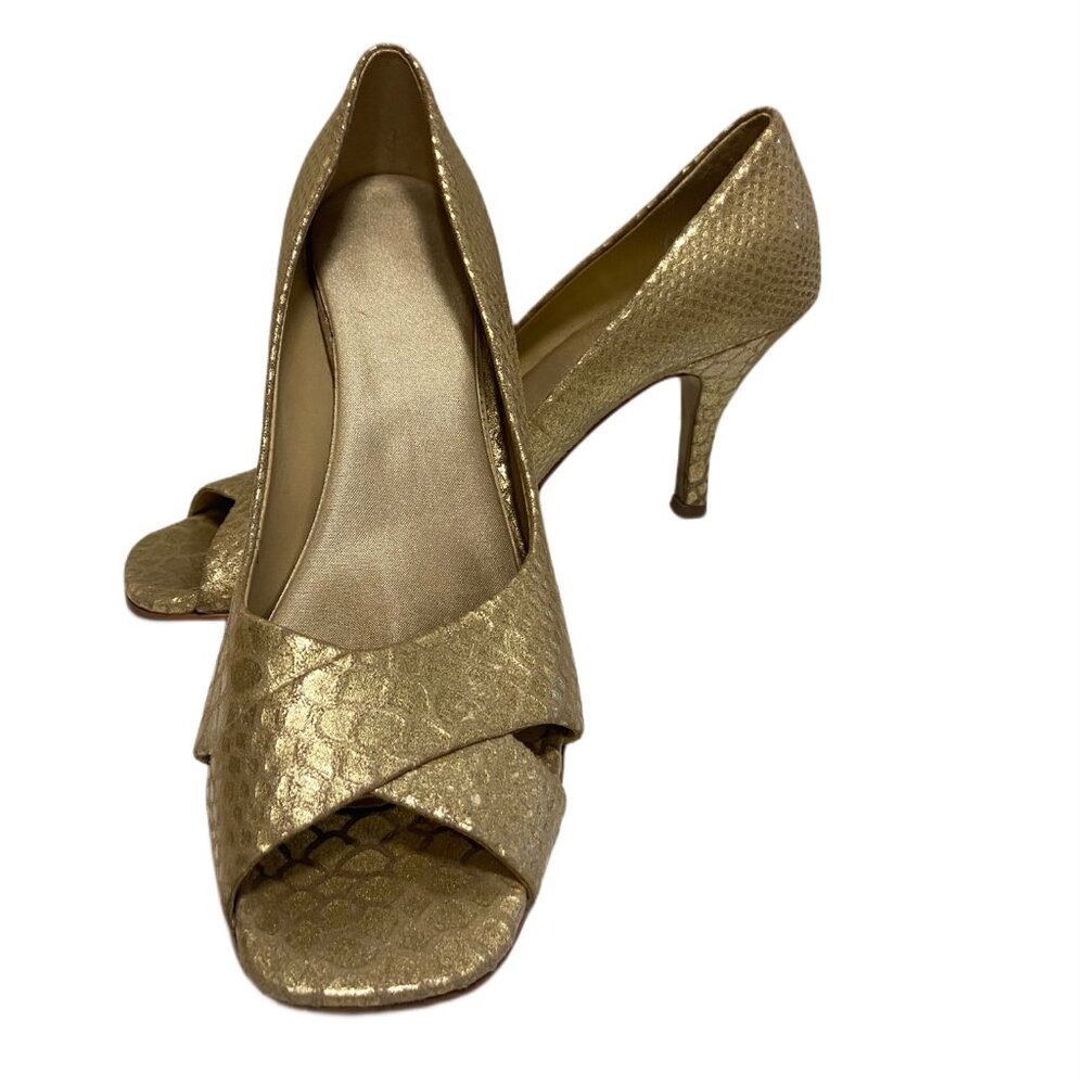 Tahari Gold Peep Toe Criss-Cross Design, 3.75" Snake Skin Pattern, Size 7